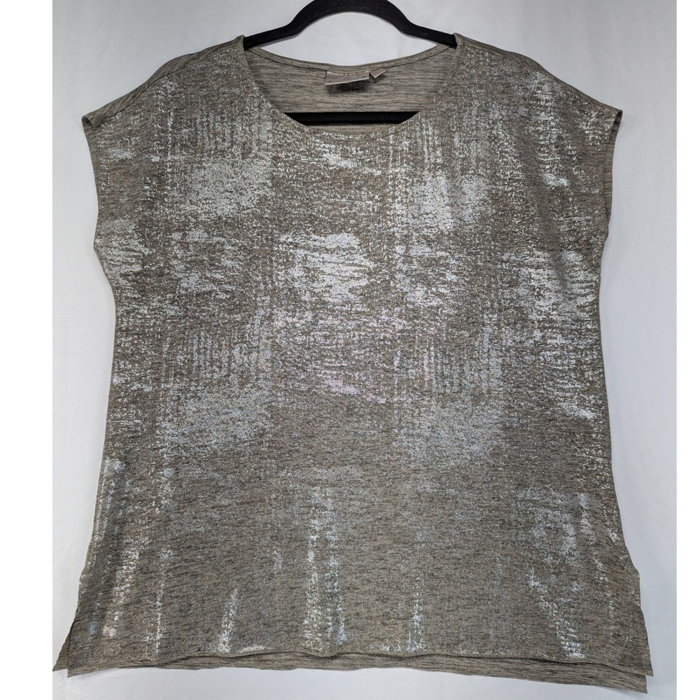 Dantelle Womens Metallic Silver Foil Abstract Marl Knit Cap‎ Sleeve Top Taupe M